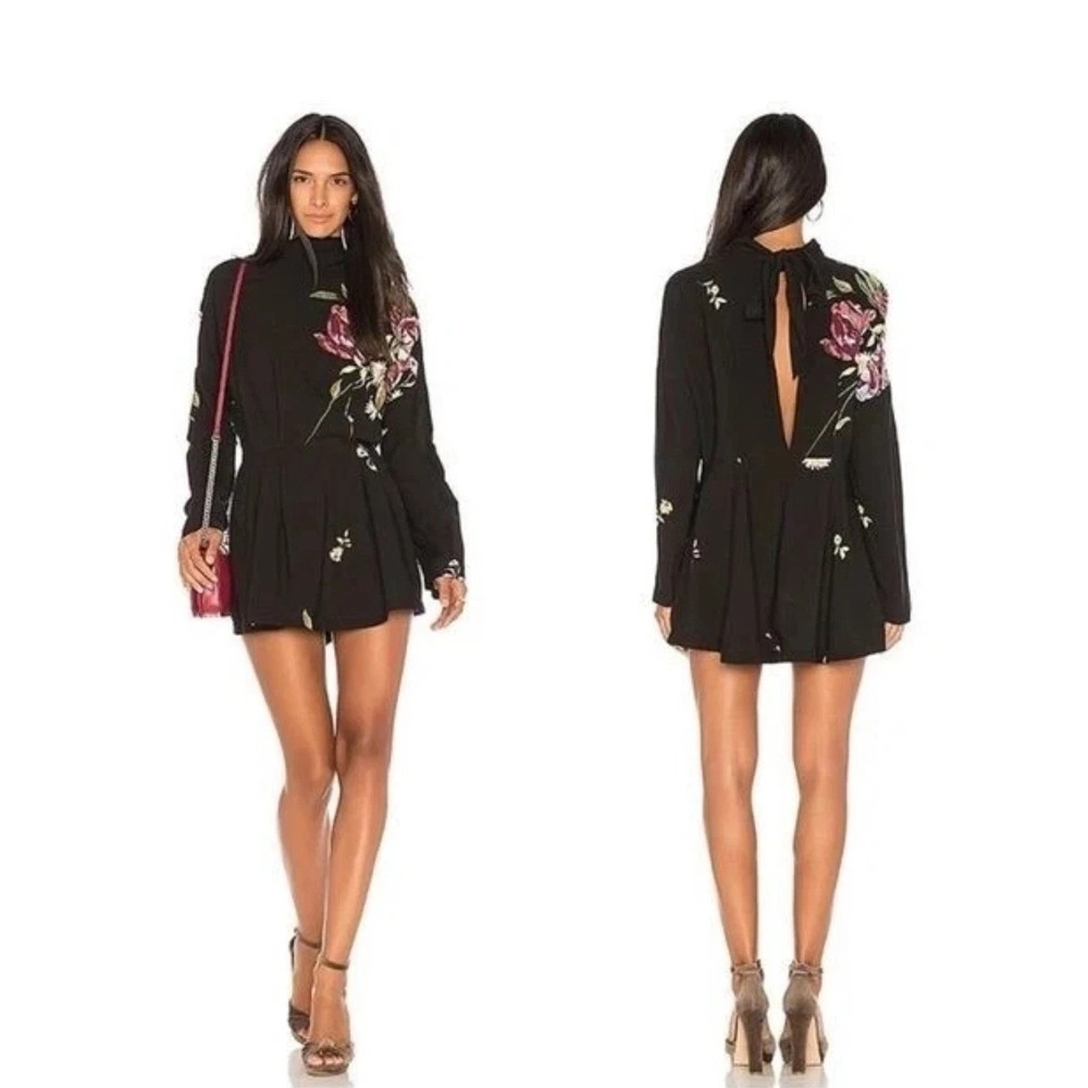 Free‎ People Gemma Tunic Mini Dress Womens XS Black Floral Open Tie Back Boho